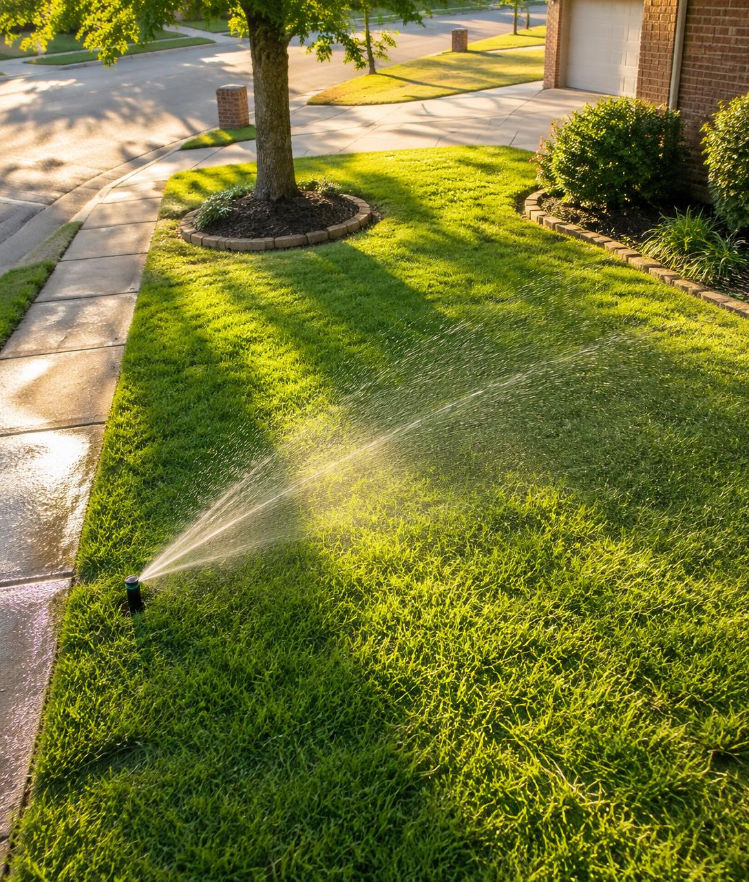 Sprinkler watering a residential lawn