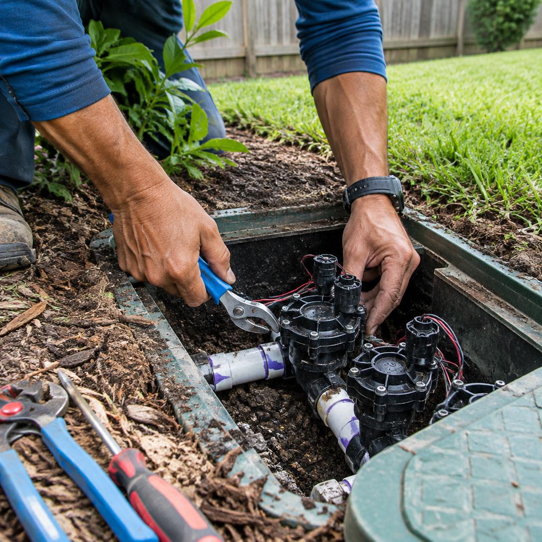 Technician working on sprinkler valves