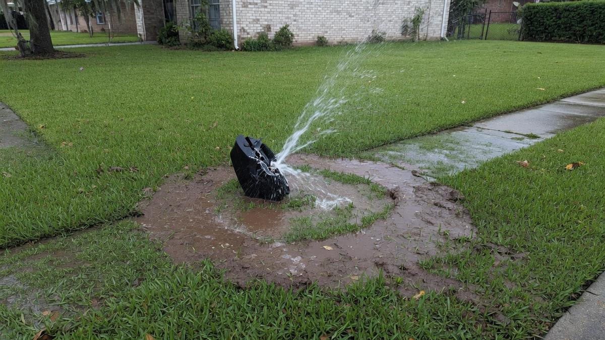 Memorial and broken sprinkler heads — what Houston yards do