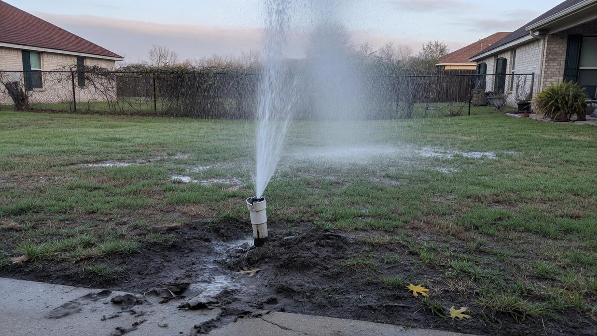 an urgent sprinkler leak on Katy clay and St. Augustine